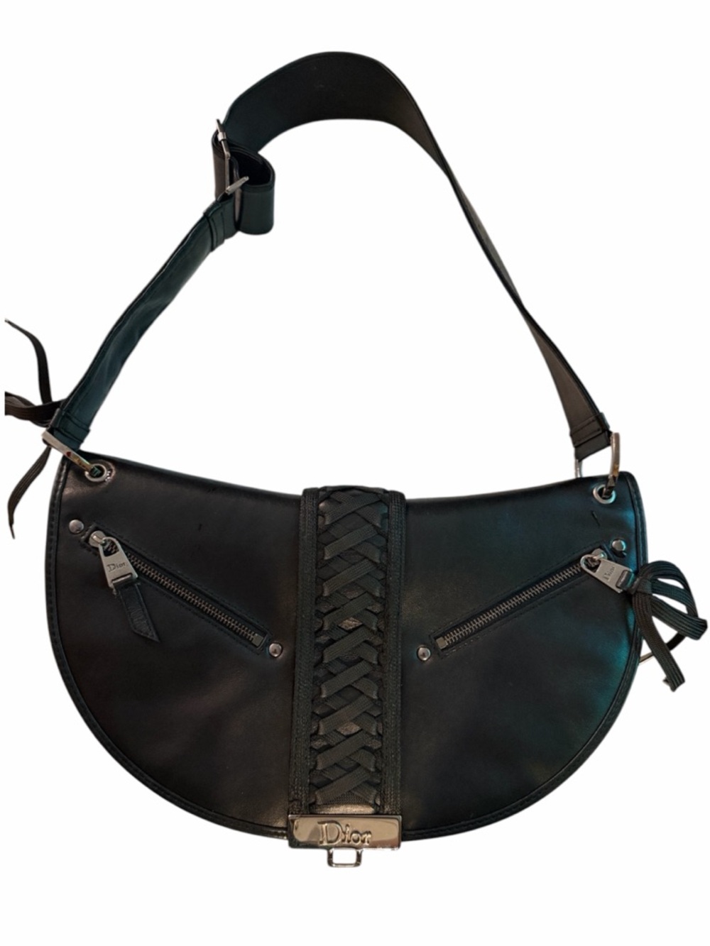 Dior Black Leather Saddle Shoulder Bag with Braided Center